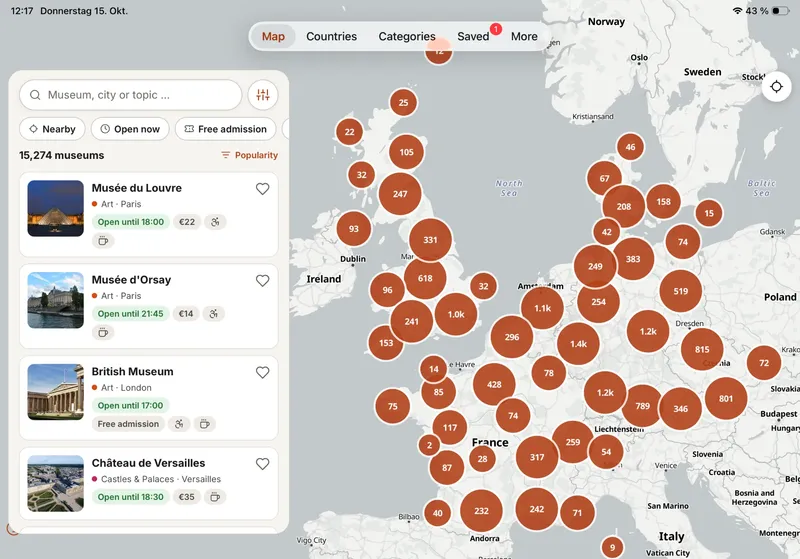La app en el iPad: mapa con la lista de museos al lado