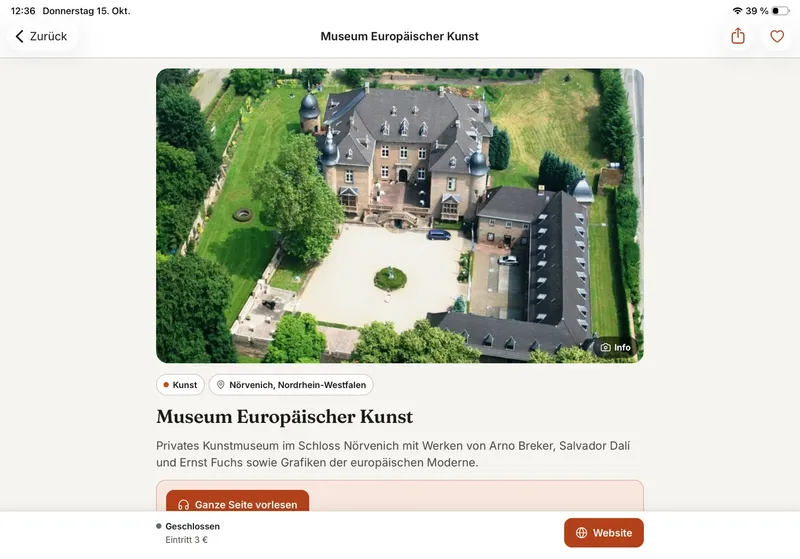 Museumsseite auf dem iPad mit großem Foto und Bildergalerie
