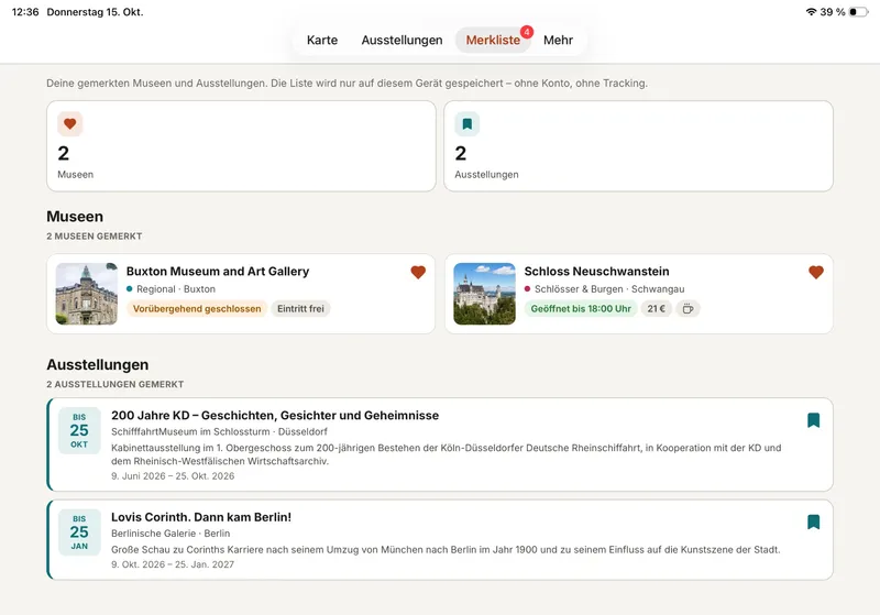 Merkliste auf dem iPad mit gemerkten Museen und Ausstellungen