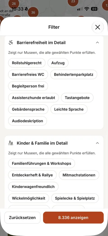 Detailfilter für Barrierefreiheit sowie Kinder und Familie