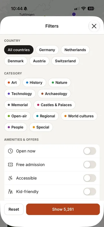 Filters by country, category and facilities
