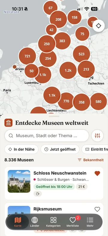 App-Startseite mit Karte, Suchfeld, Schnellfiltern und Museumsliste