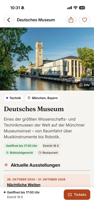 Museumsseite mit Foto, Beschreibung, Öffnungsstatus und Ticket-Knopf