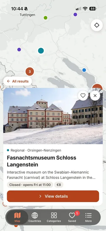 Museum preview on the map with photo, opening status and price