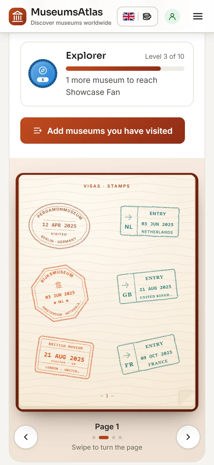 MuseumsAtlas-appen: museipass med insamlade stämplar